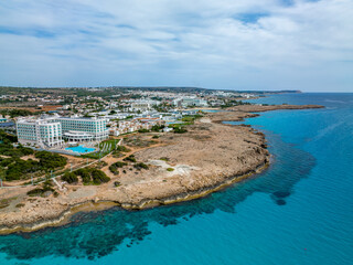 Nissi Beach in Ayia Napa, clean aerial photo of famous tourist beach in Cyprus, the place is a...