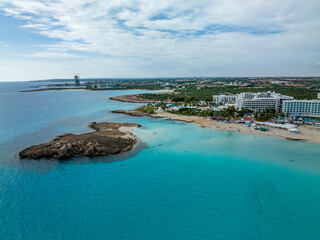 Nissi Beach in Ayia Napa, clean aerial photo of famous tourist beach in Cyprus, the place is a...