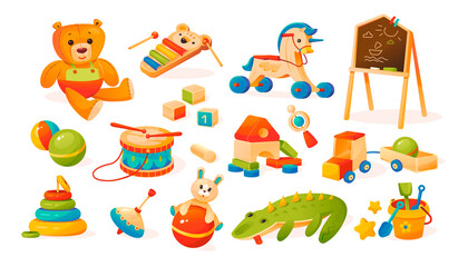 A set of children's toys. Soft and wooden toys. Teddy bear, cubes, pony, drum, ball, wooden car, chalk board, children's bucket with shovels, children's xylophone. Cartoon vector illustration isolated