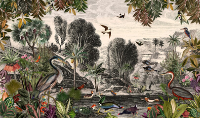 Wallpaper Oerwoud Tropisch Woud Banaan Palm Tropische vogels Zilverreigers Wilde eenden In rivieren Kikker Oud water Vintage schilderij