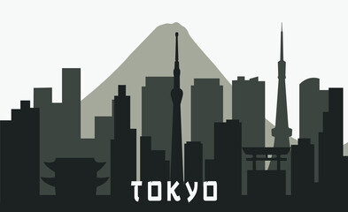Naklejka premium Tokyo seamless silhouette. City landscape with buildings. City landscape. Black-white silhouette. Modern city with layers. Flat style vector illustration.