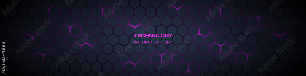Aufkleber Dark gray and purple horizontal hexagonal technology abstract wide vector background. Purple bright energy flashes under hexagon. Technology futuristic modern wide banner. Dark gray honeycomb texture.