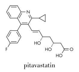 Pitavastatin hypercholesterolemia drug molecule. Skeletal formula.