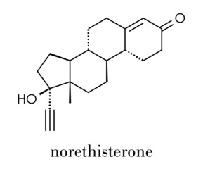 Norethisterone (norethindrone) progestogen hormone drug. Used in contraceptive pills and for a number of other indications. Skeletal formula.