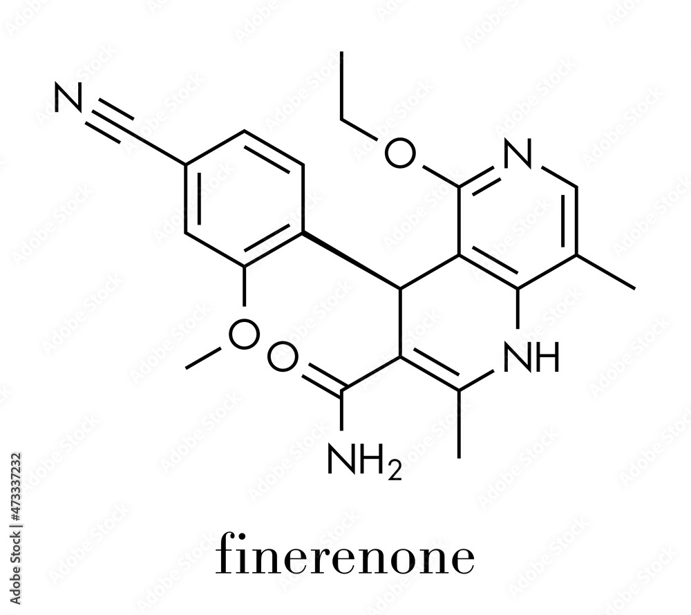 Sticker finerenone heart failure drug molecule (mineralocorticoid receptor antagonist). skeletal formula.