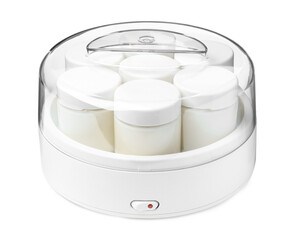 Modern yogurt maker with full jars on white background