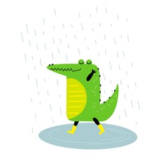 Cartoon smiling crocodile wearing yellow boots and walks in rain. Cute cartoon character walking through meadow. Vector hand drawn illustration on white background for card, nursery, bedroom decor