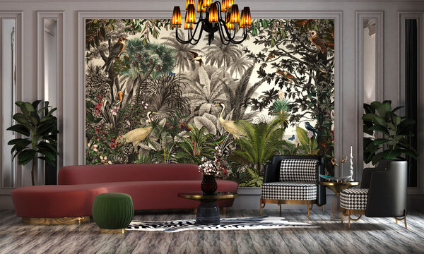Luxury Sitting with Forest, Tropical Forest, Banana Palm, Tropical Birds Wallpaper Vintage Painting, Classical Style, Wall Lamps, Table, Sofa -3d Max