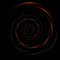 Abstract orange spiral circle lines on black geometric background. Abstract helix round shape geometric backdrop. Vector illustration