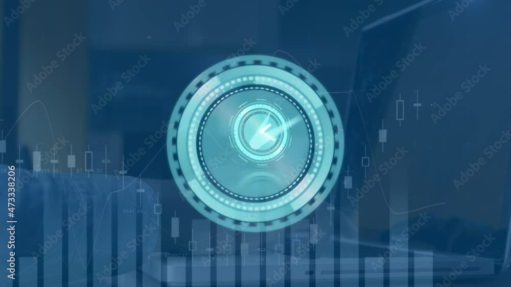 Poster animation of moving clock and scope scanning over graph and hands typing on laptop