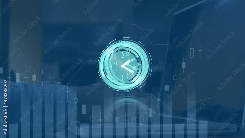 Poster animation of moving clock over graph and hands typing on laptop
