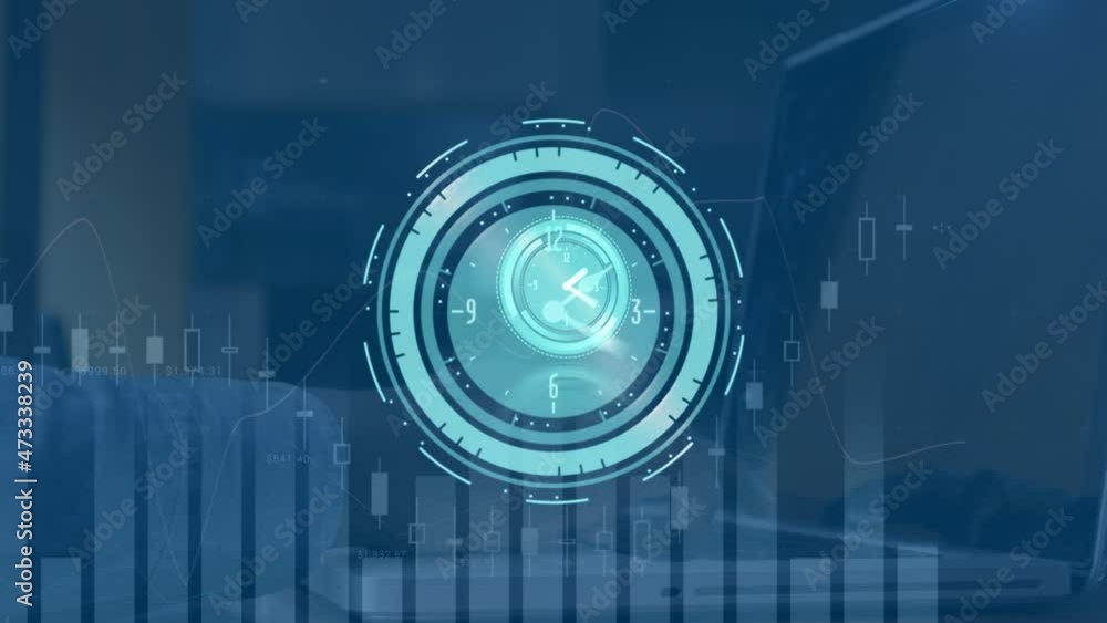 Poster animation of moving clock over graph and hands typing on laptop