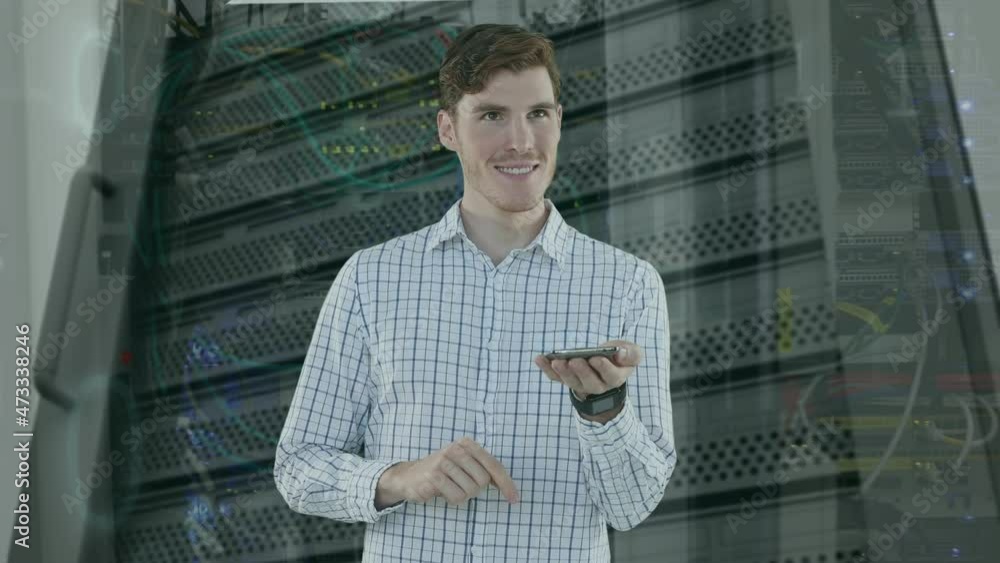 Poster Animation of binary coding and caucasian businessman using smartphone over server