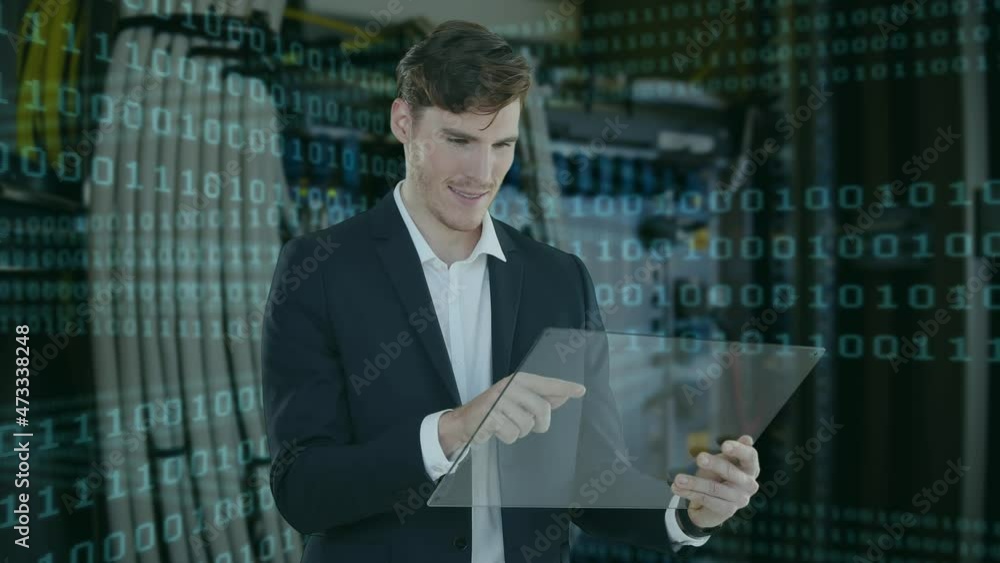 Poster animation of binary coding and caucasian businessman using digital screen over server