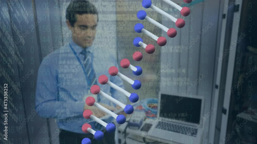 Aufkleber animation of dna strand and data processing over biracial man in server room