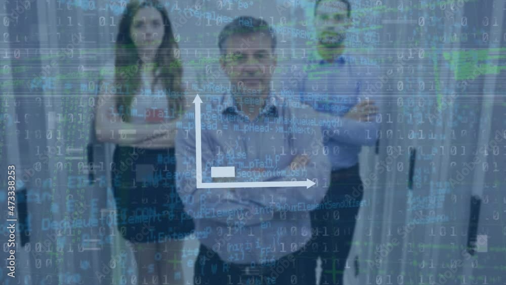Poster animation of graph and data processing over diverse people in server room