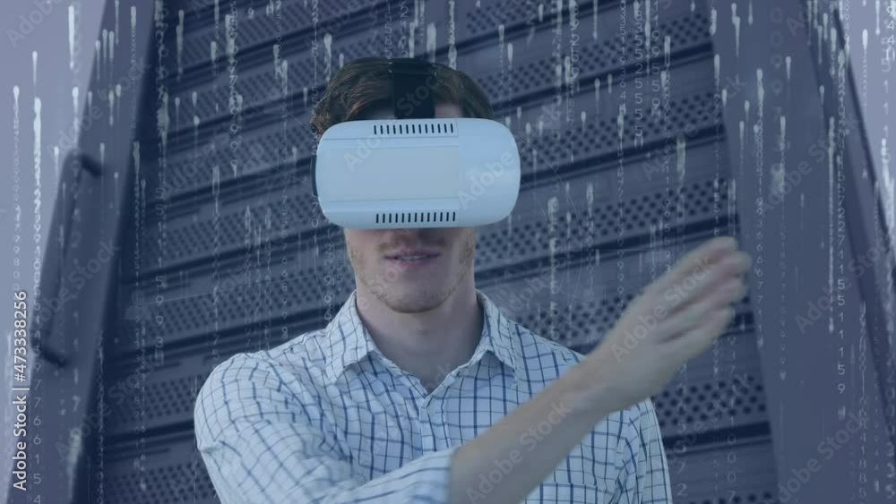 Poster Animation of binary coding and caucasian businessman wearing vr headset over server