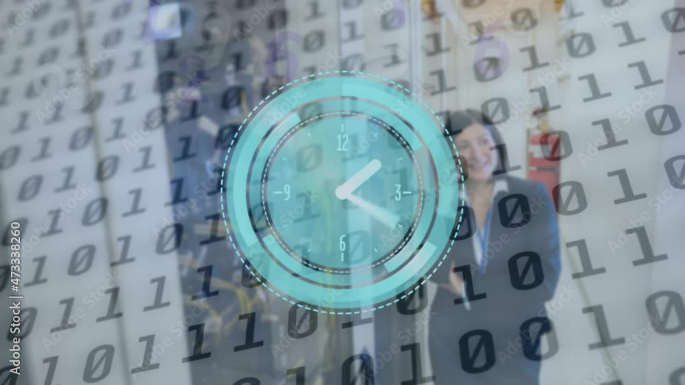 Poster Animation of binary coding and moving clock over caucasian woman in server room
