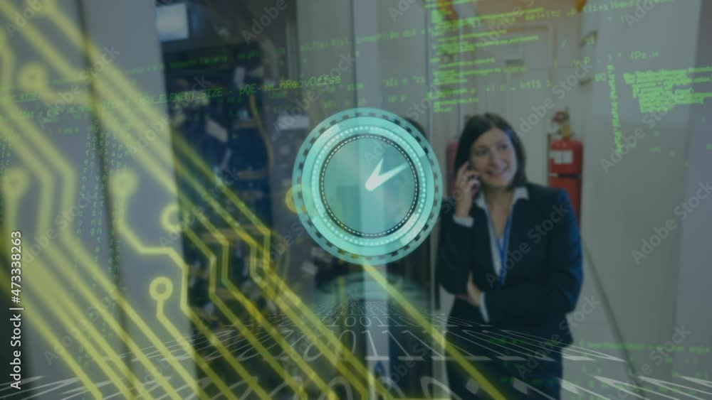 Poster animation of moving clock and data processing over caucasian woman in server room