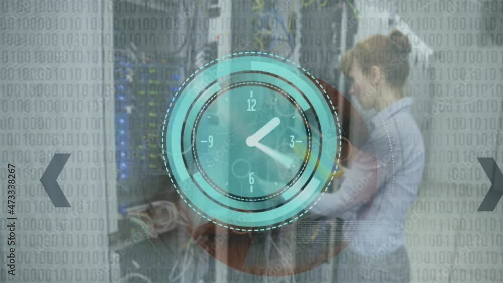 Poster Animation of binary coding and moving clock over caucasian woman in server room