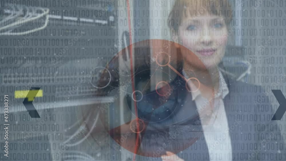 Canvas Prints Animation of binary coding and shapes over caucasian woman in server room