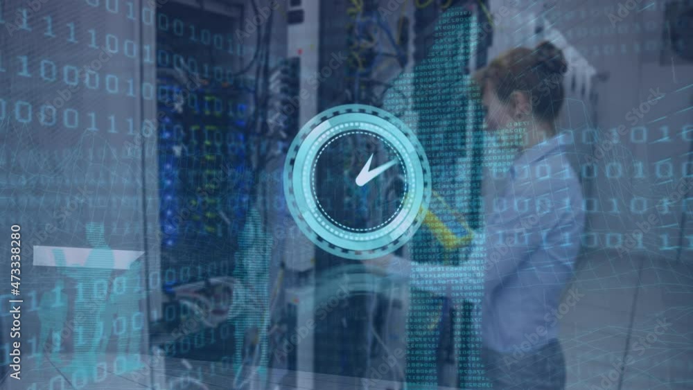 Poster animation of moving clock and binary coding over caucasian woman in server room
