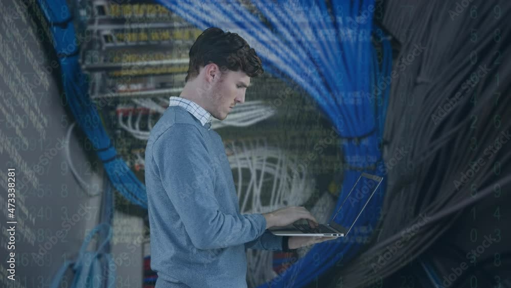 Poster animation of data processing and caucasian businessman using laptop over server