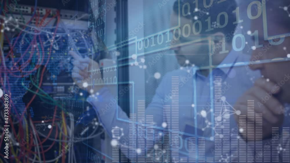 Aufkleber animation of globe and moving columns over biracial men in server room