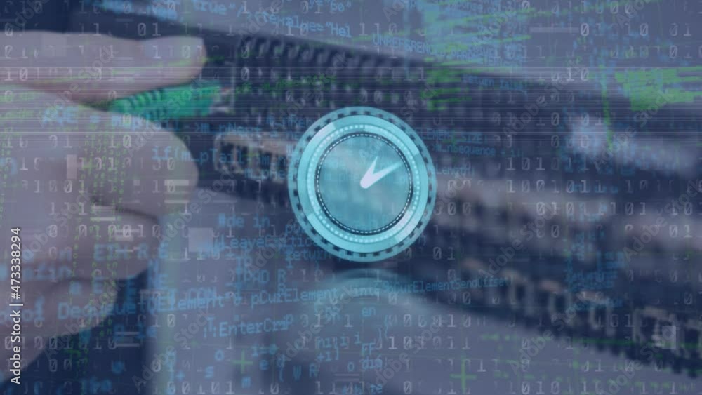 Poster animation of moving clock and data processing over hand of caucasian man in server room