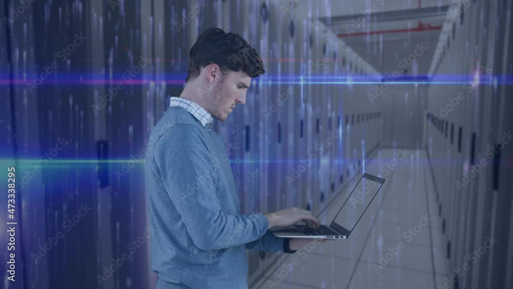 Poster animation of binary coding and caucasian businessman using laptop over server room