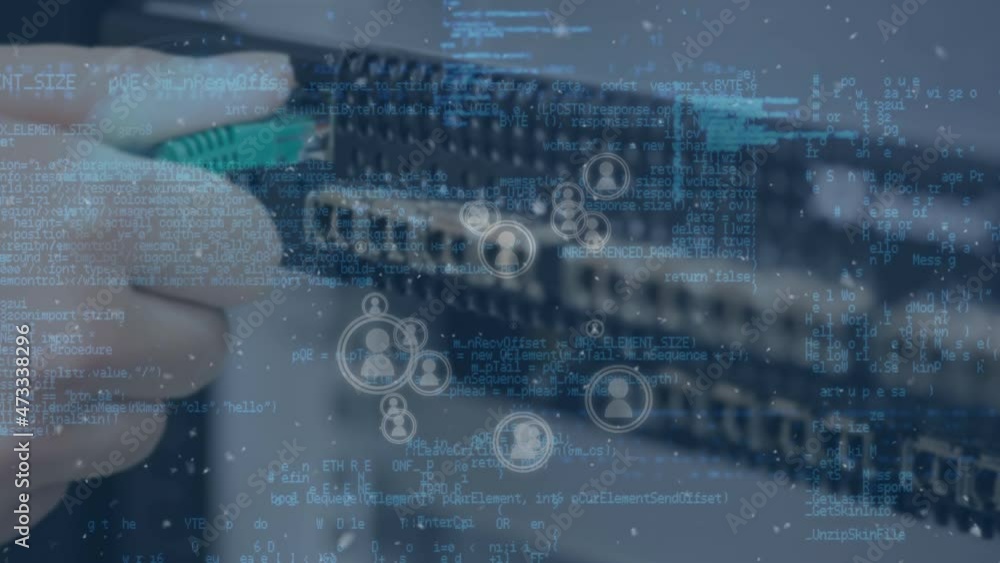 Poster animation of icons and data processing over hand of caucasian man in server room