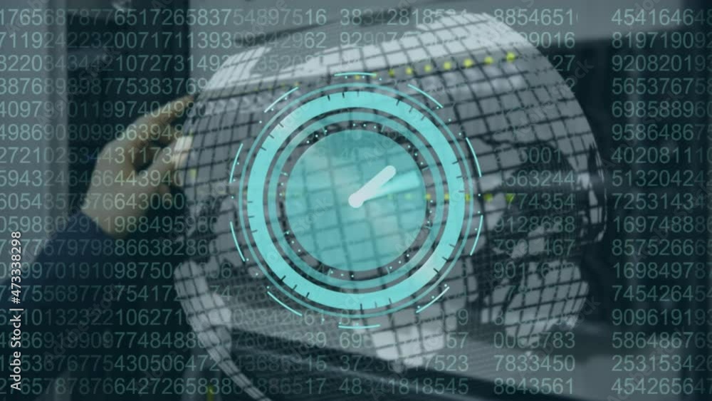 Poster animation of moving clock and data processing over hand of caucasian woman in server room