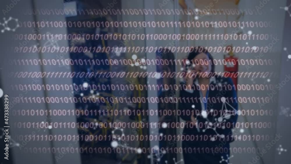 Poster animation of molecules and binary coding over caucasian woman in server room