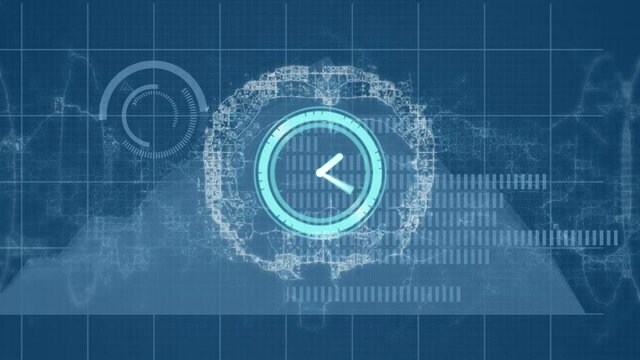 Animation of moving clock over digital brain - Powered by Adobe