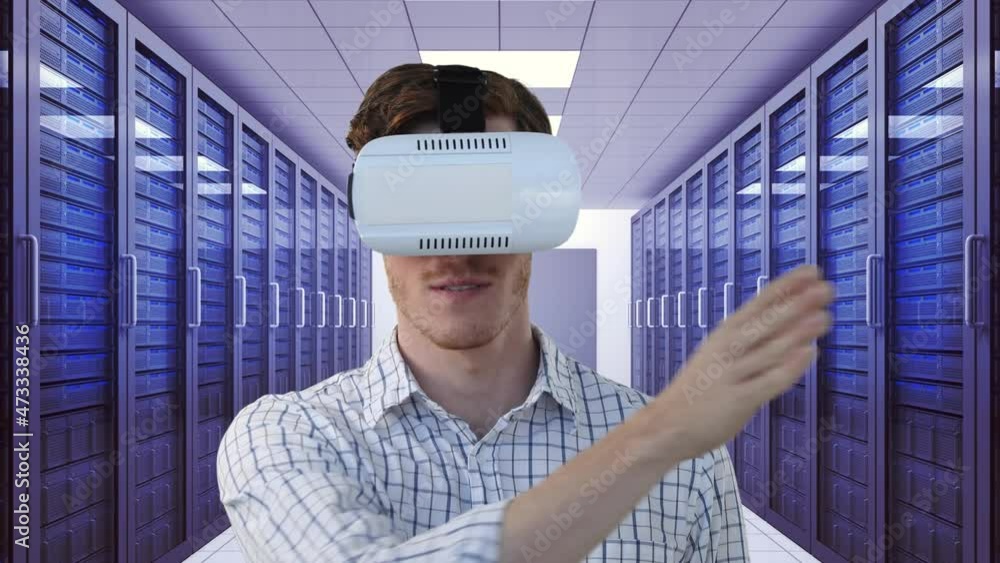 Poster animation of clock moving fast over businessman wearing vr headset by computer servers in tech room