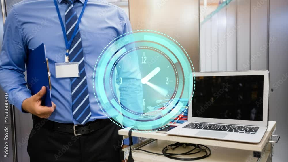 Poster animation of clock moving fast over businessman with laptop by computer servers in tech room