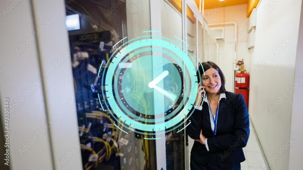 Poster animation of clock moving fast over businesswoman with smartphone by computer servers in tech room