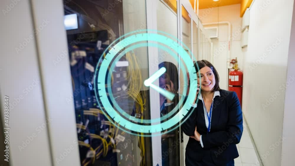Poster animation of clock moving fast over businesswoman with smartphone by computer servers in tech room