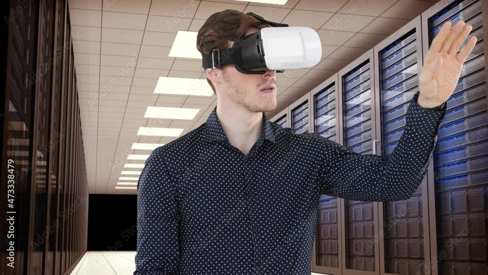 Poster animation of clock moving fast over businessman wearing vr headset by computer servers in tech room