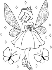 Coloring page for children and adults. Fairy with butterflies
