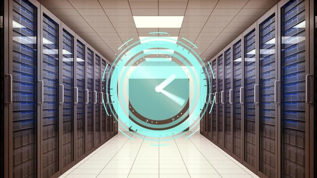 Animation of clock moving fast over computer servers