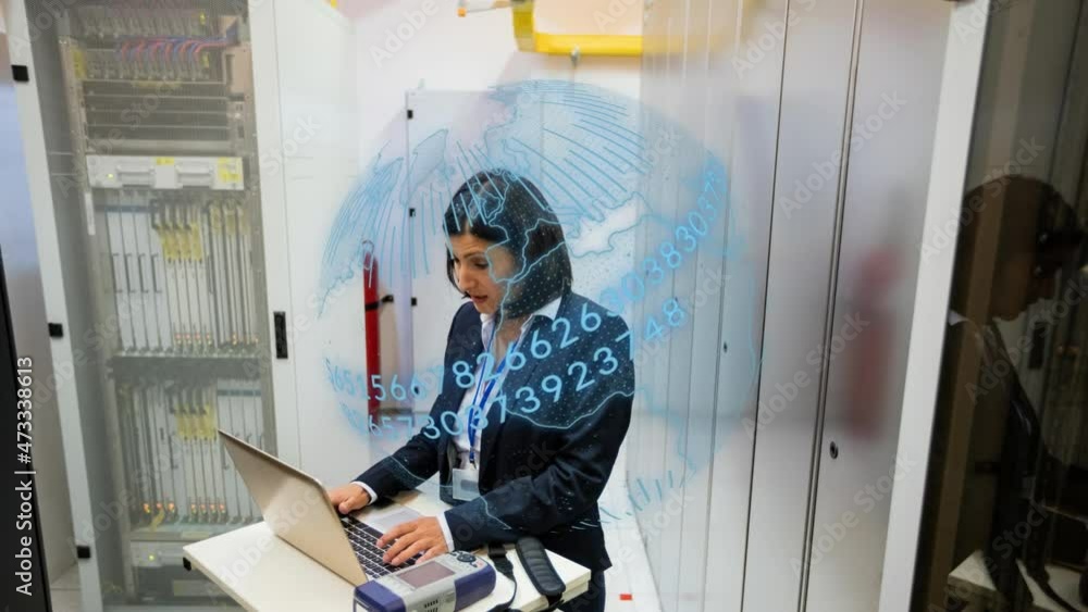 Poster animation of globe and data processing over biracial woman in server room