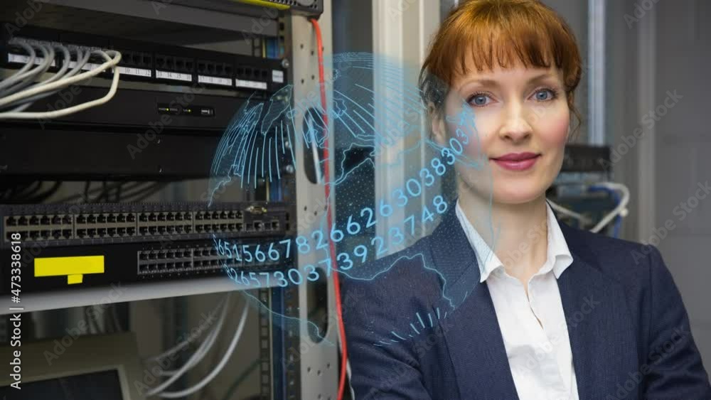 Poster animation of globe and data processing over caucasian woman in server room