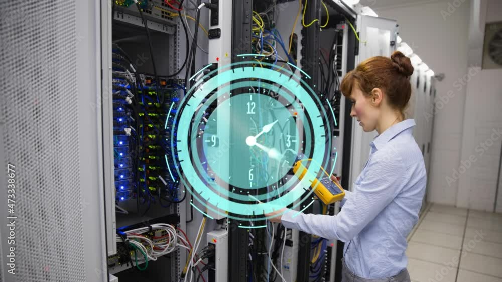 Canvas Prints Animation of moving clock over caucasian woman in server room