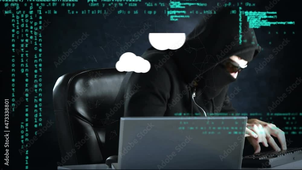 Poster animation of clouds with icons over hacker using laptop and data processing