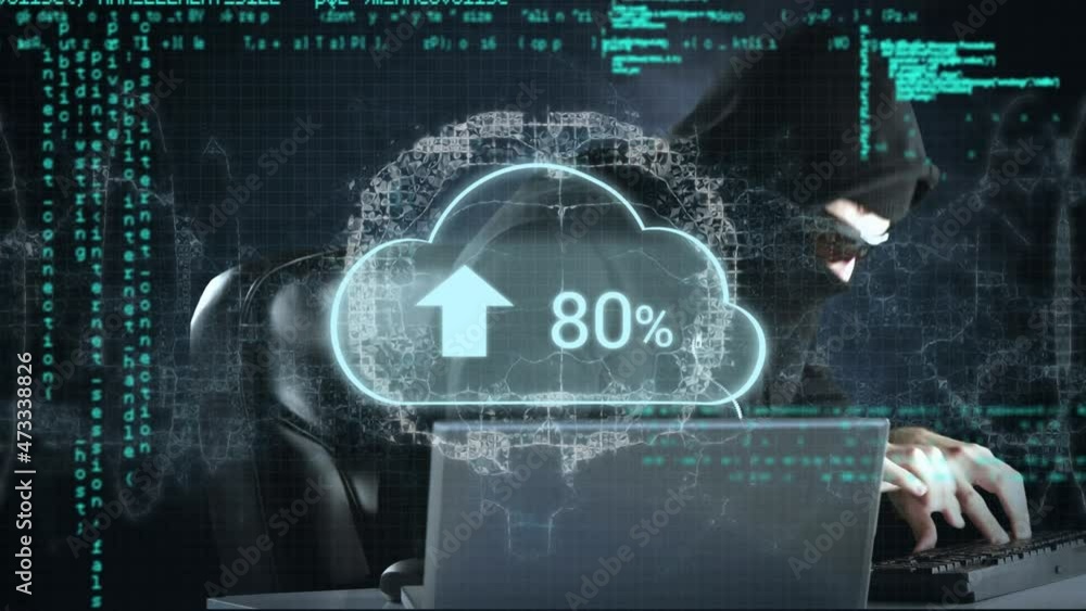 Aufkleber animation of cloud with growing number over digital brain, hacker using laptop and data processing