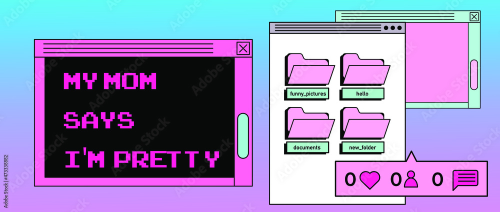 Poster Retrowave style operating system with message boxes and folders. Vaporwave style vector illustration.
