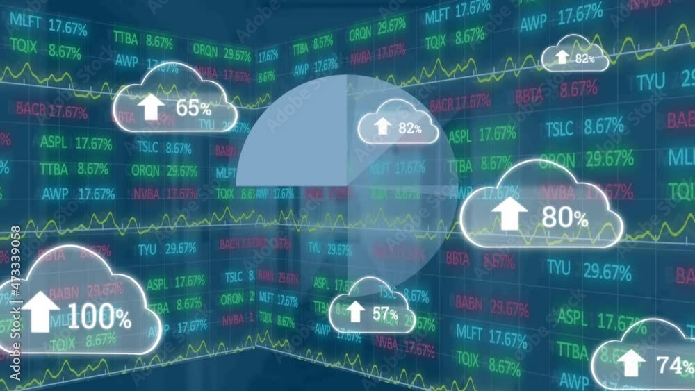 Poster animation of clouds with growing number over scope scanning and stock market