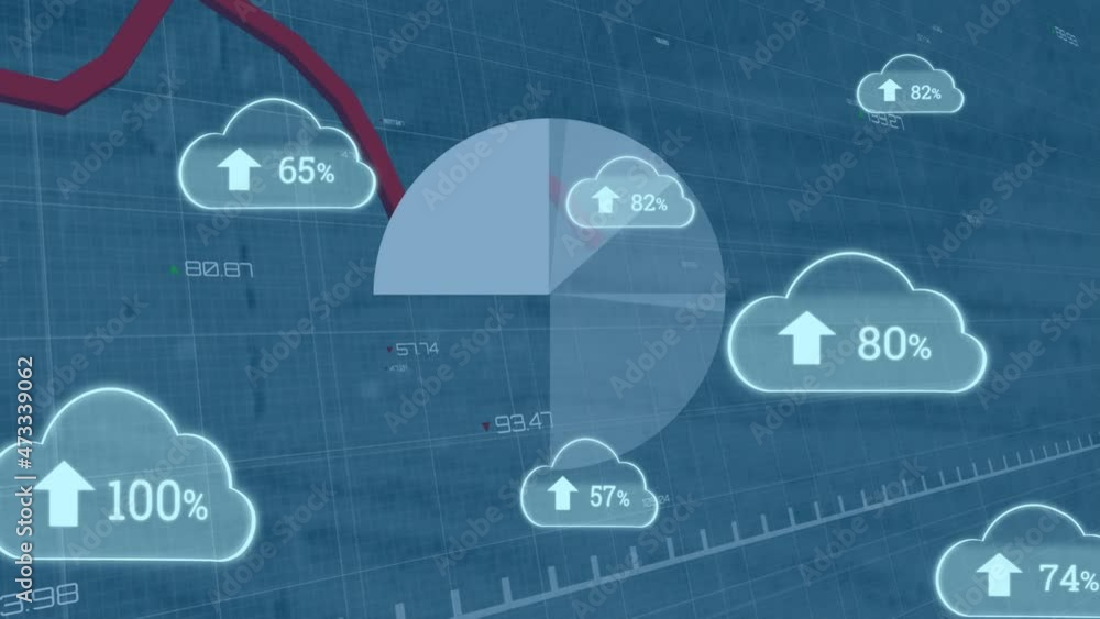 Poster animation of clouds with growing number over scope scanning and financial data processing