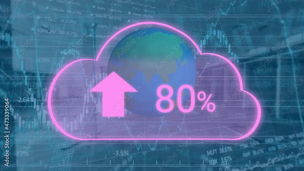 Poster animation of cloud with growing number, globe and financial data processing over empty office